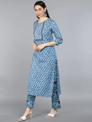 Women Blue Floral Printed Pure Cotton Kurta With Trousers With Dupatta