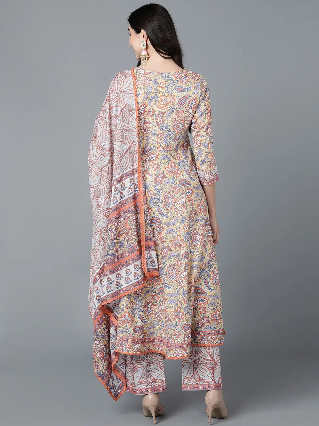 Women Cream Cotton Printed Kurta Palazzos With Dupatta