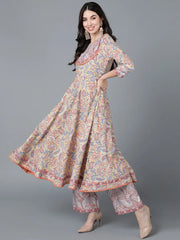 Women Cream Cotton Printed Kurta Palazzos With Dupatta