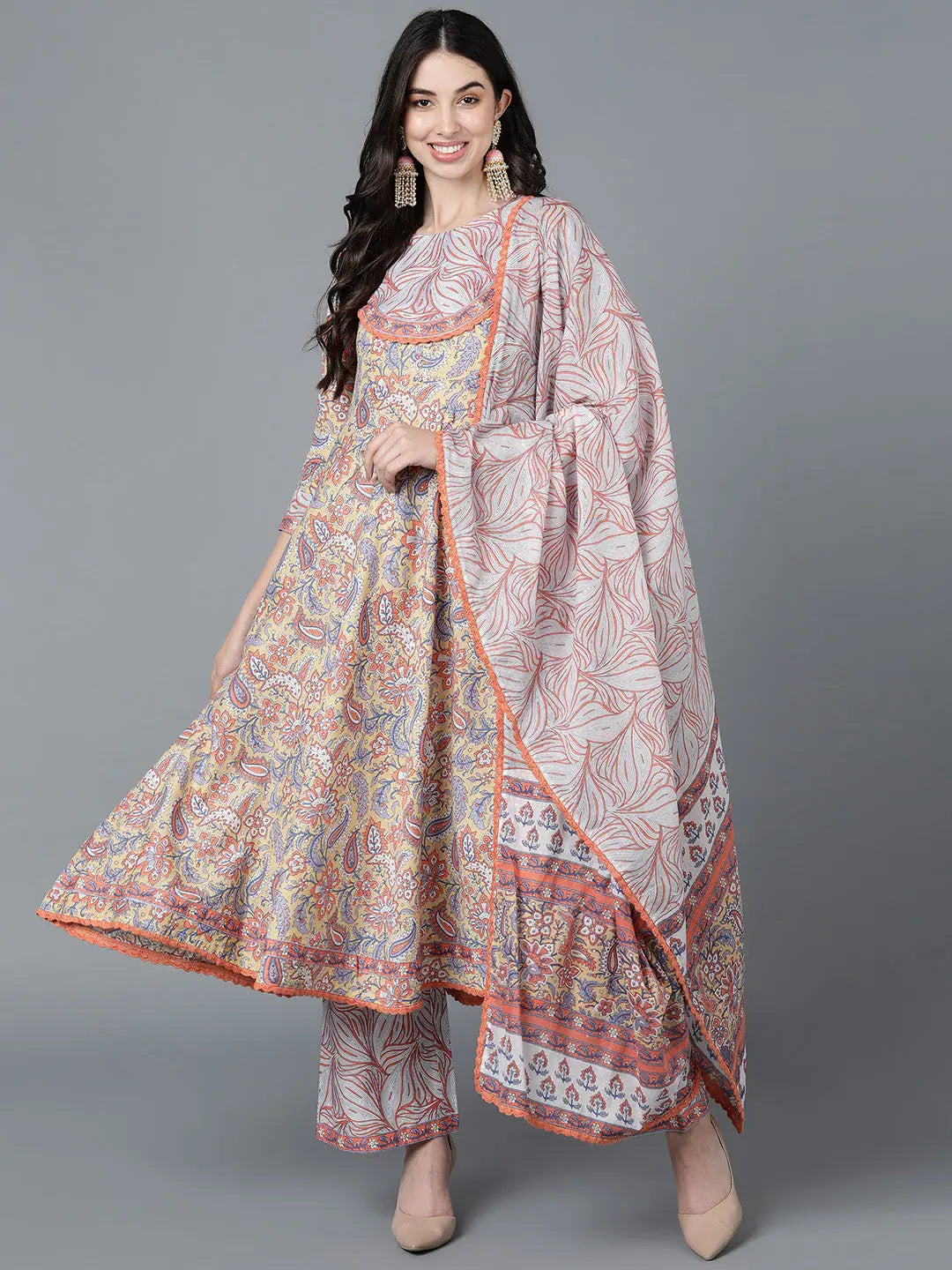 Cream Cotton Ethnic Kurta Palazzo Set With Dupatta | Ahika