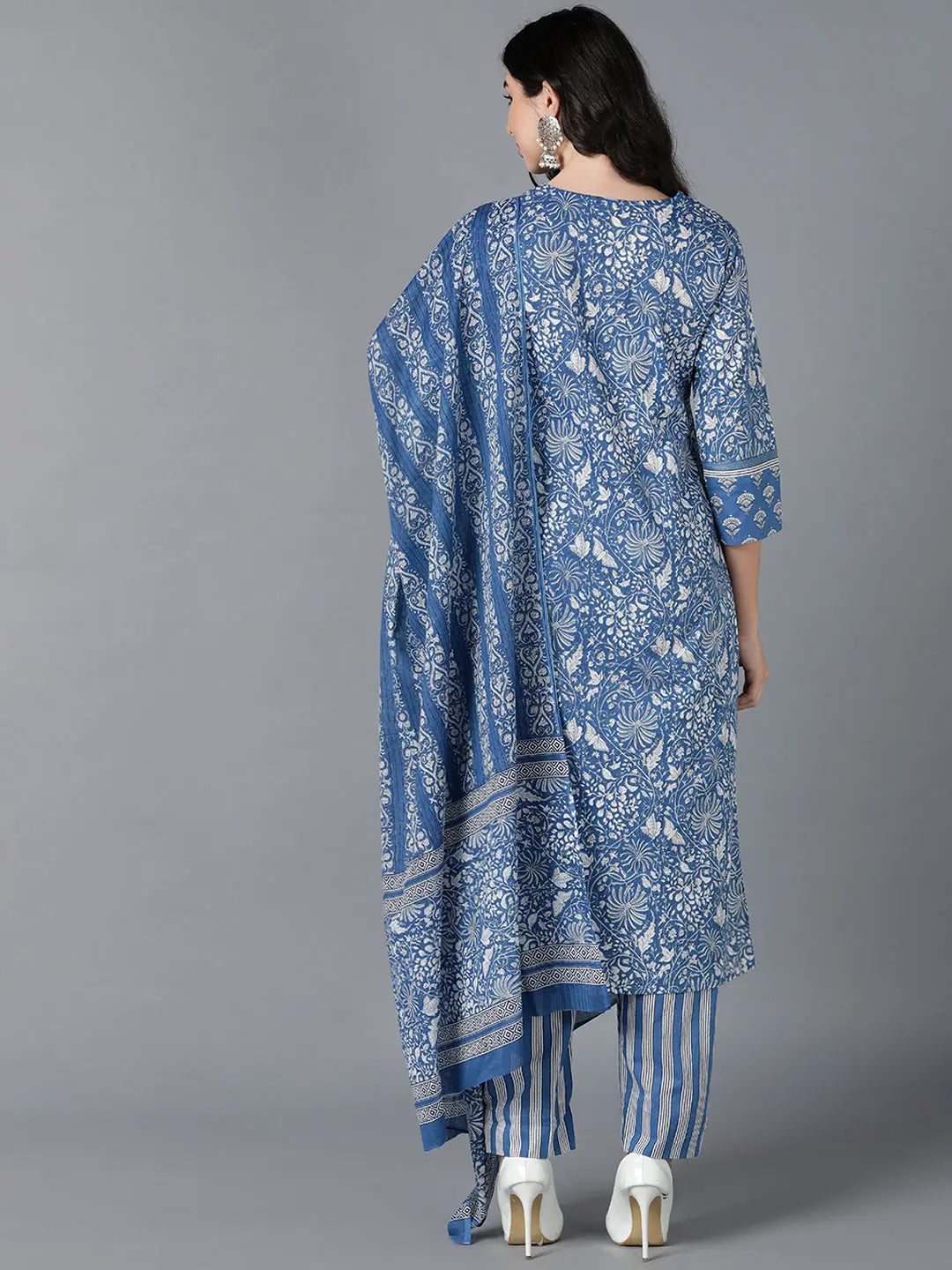 Blue Cotton Floral Kurta Set With Dupatta | Women's Kurta Sets
