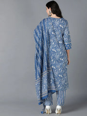 Women Blue Cotton Printed Kurta Trouser With Dupatta