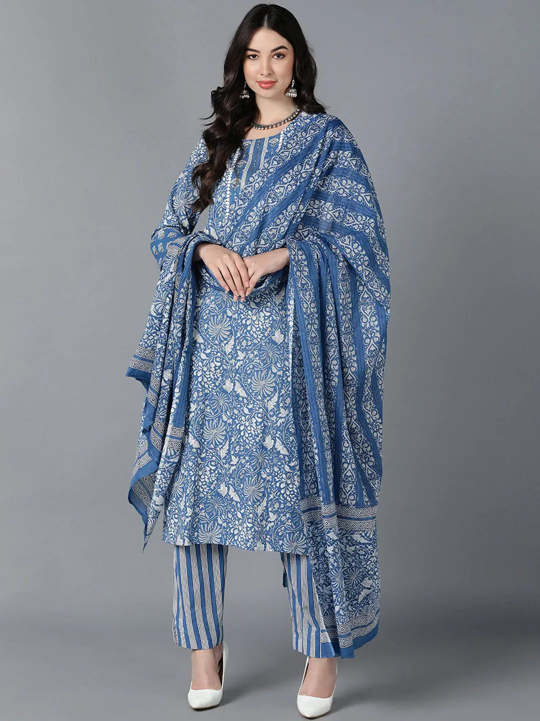 Blue Cotton Floral Kurta Set With Dupatta | Women's Kurta Sets