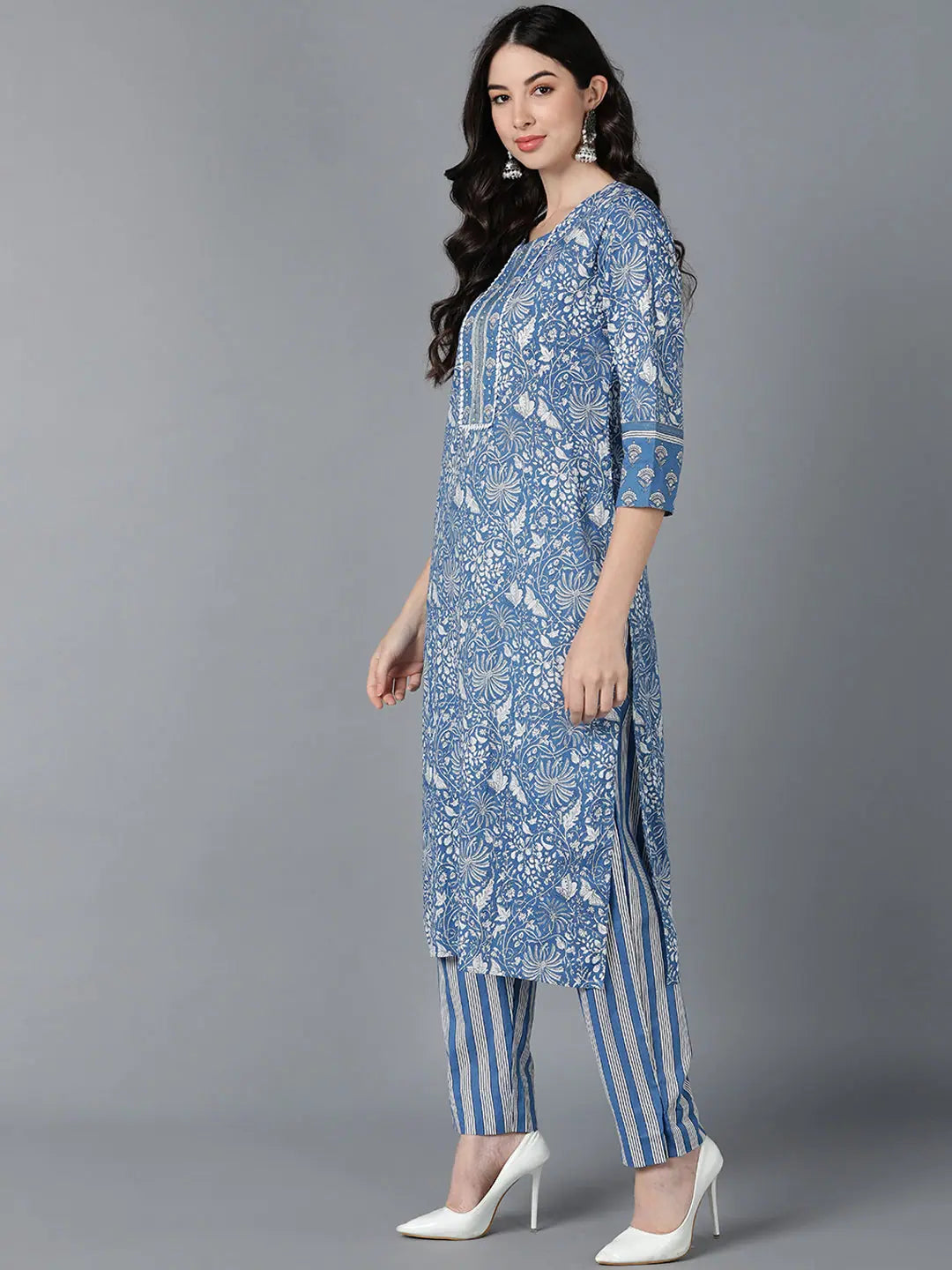 Women Blue Cotton Printed Kurta Trouser With Dupatta