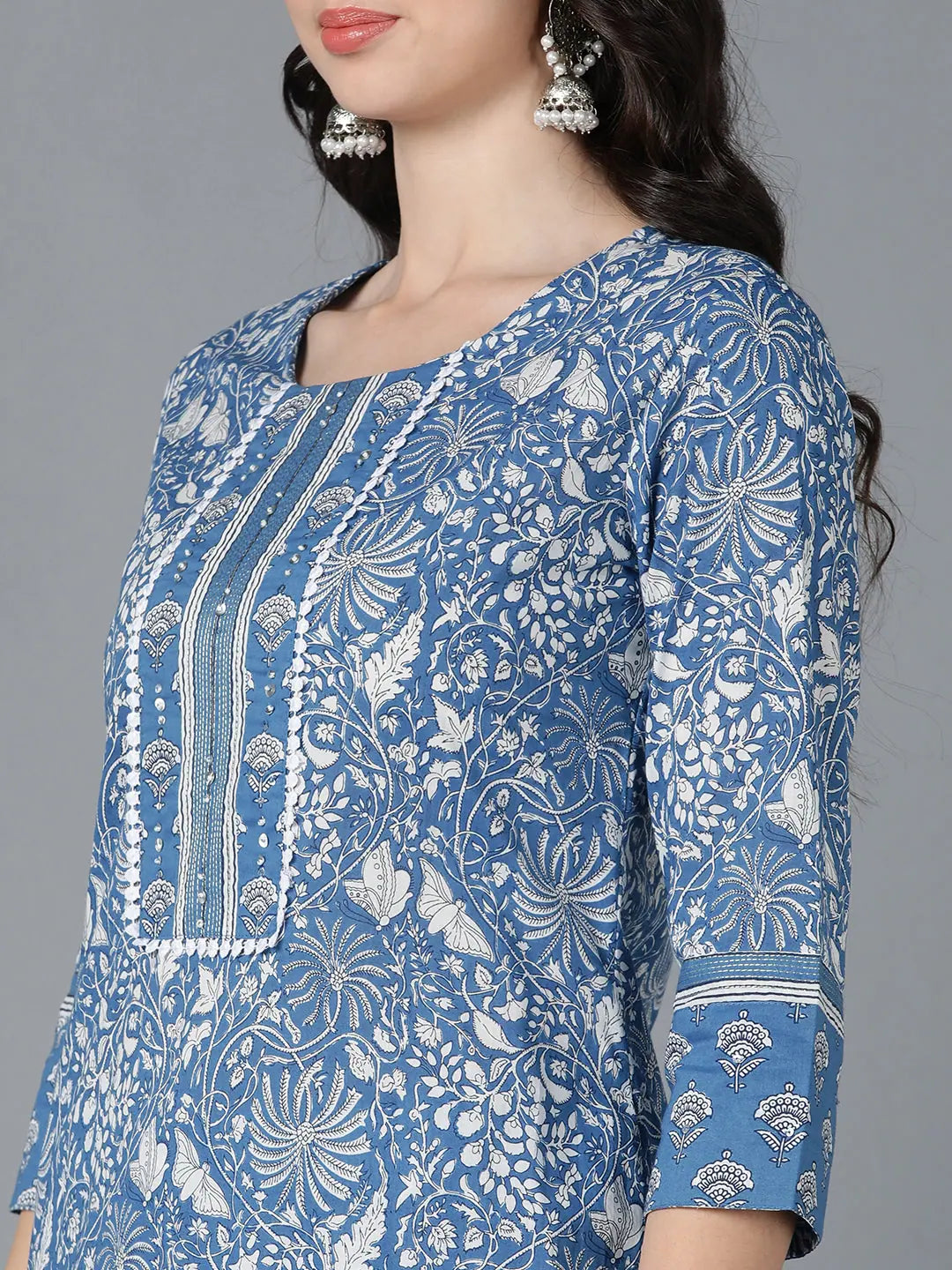 Blue Cotton Floral Kurta Set With Dupatta | Women's Kurta Sets
