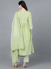 Women Green Pure Cotton Printed Kurta Trousers With Dupatta