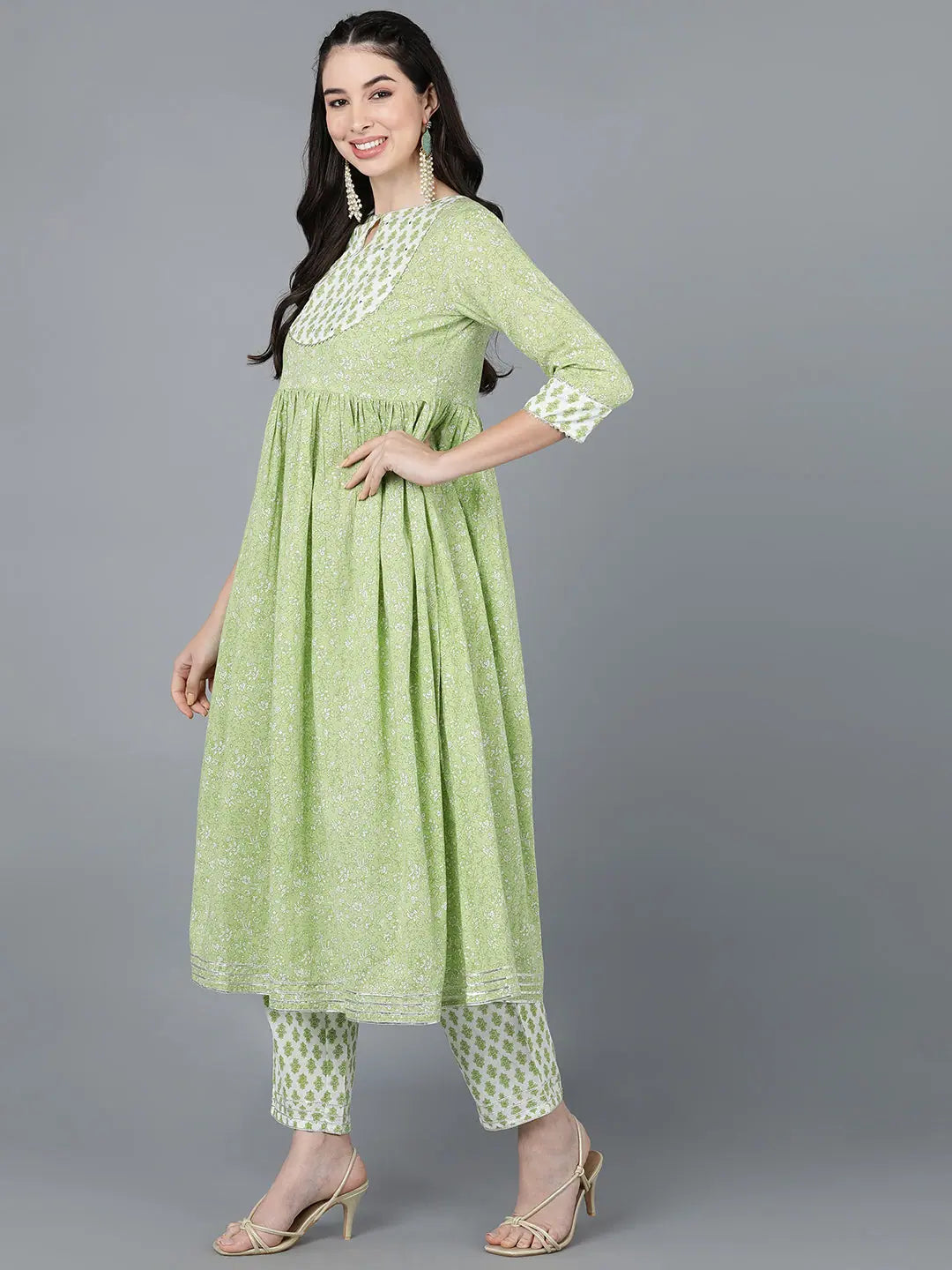 Green Floral Print Cotton Kurta Set for Women | Indian Kurta