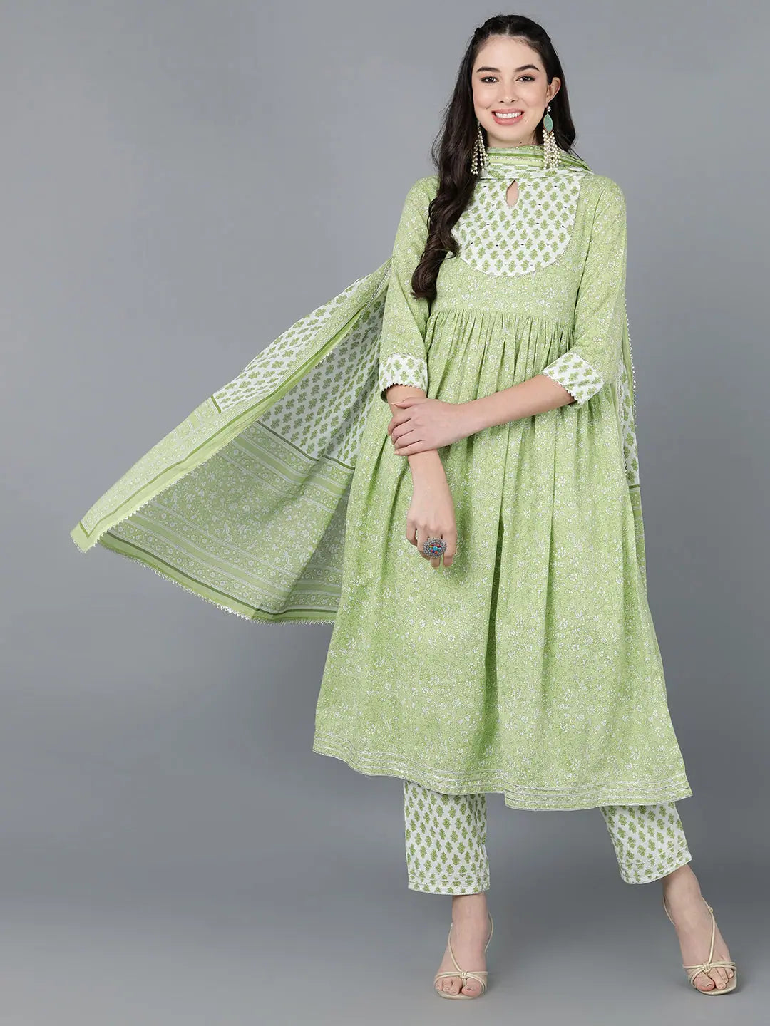 Green Floral Print Cotton Kurta Set for Women | Indian Kurta