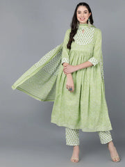 Women Green Pure Cotton Printed Kurta Trousers With Dupatta