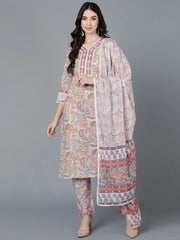 Women Cream Cotton Floral Printed Kurta Trousers With Dupatta