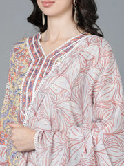 Women Cream Cotton Floral Printed Kurta Trousers With Dupatta