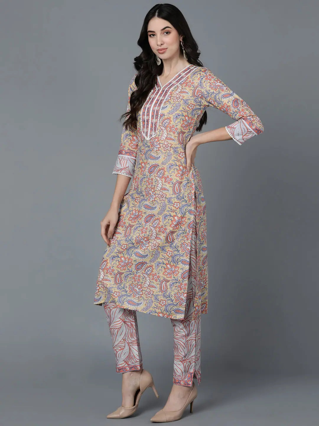 Cream Floral Cotton Kurta Set with Dupatta | Designer Kurta Sets