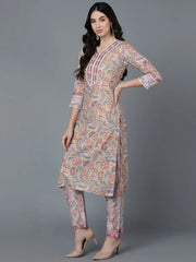 Women Cream Cotton Floral Printed Kurta Trousers With Dupatta