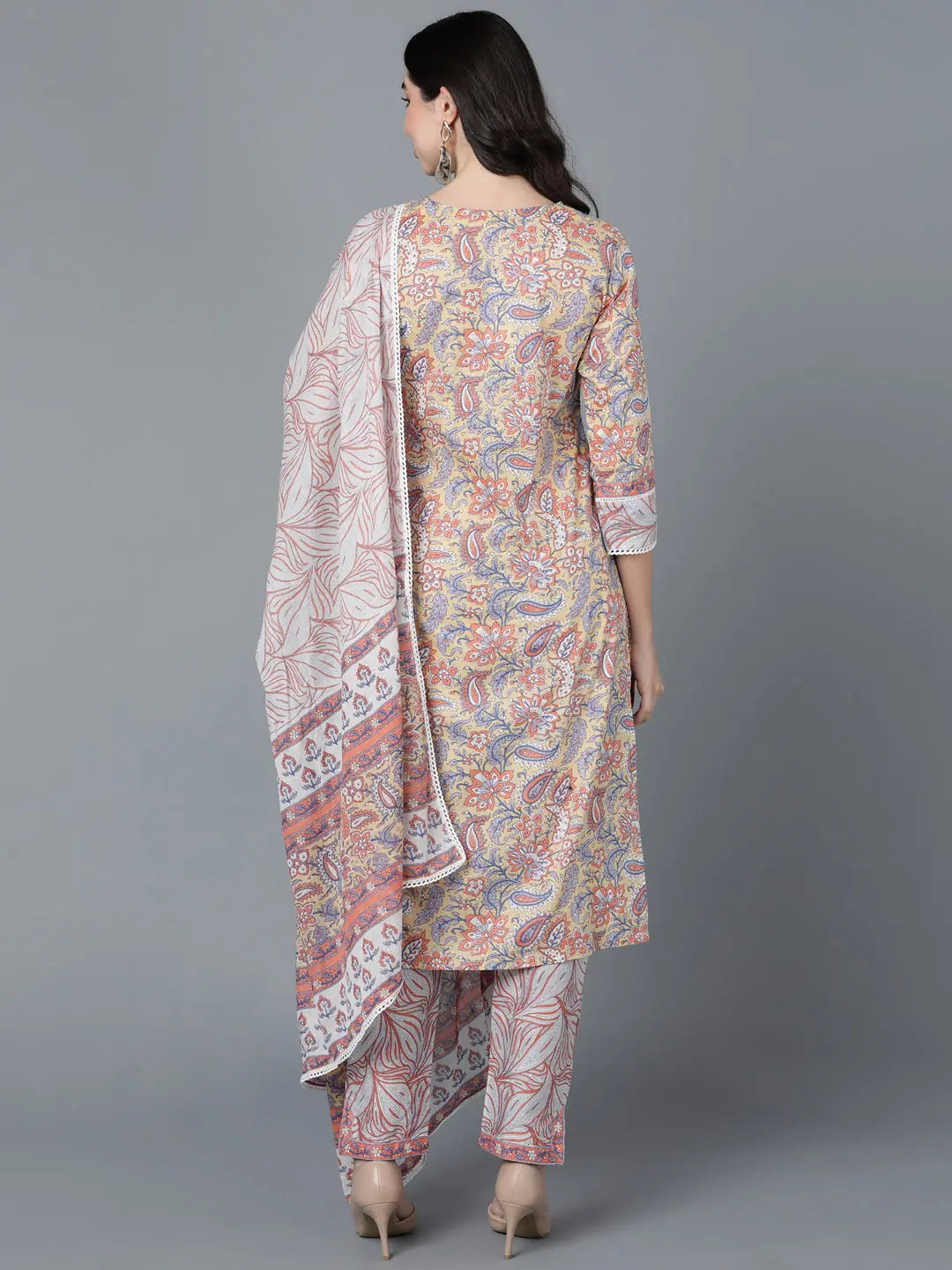 Cream Floral Cotton Kurta Set with Dupatta | Designer Kurta Sets