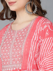 Women Peach Pure Cotton Kurta Trousers With Dupatta
