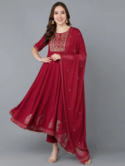 Women Maroon Pure Cotton Kurta Trousers With Dupatta