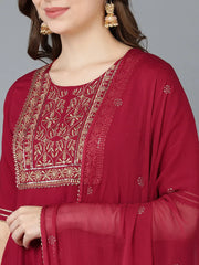 Women Maroon Pure Cotton Kurta Trousers With Dupatta