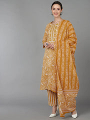 Women Mustard Pure Cotton Printed Kurta Trousers With Dupatta