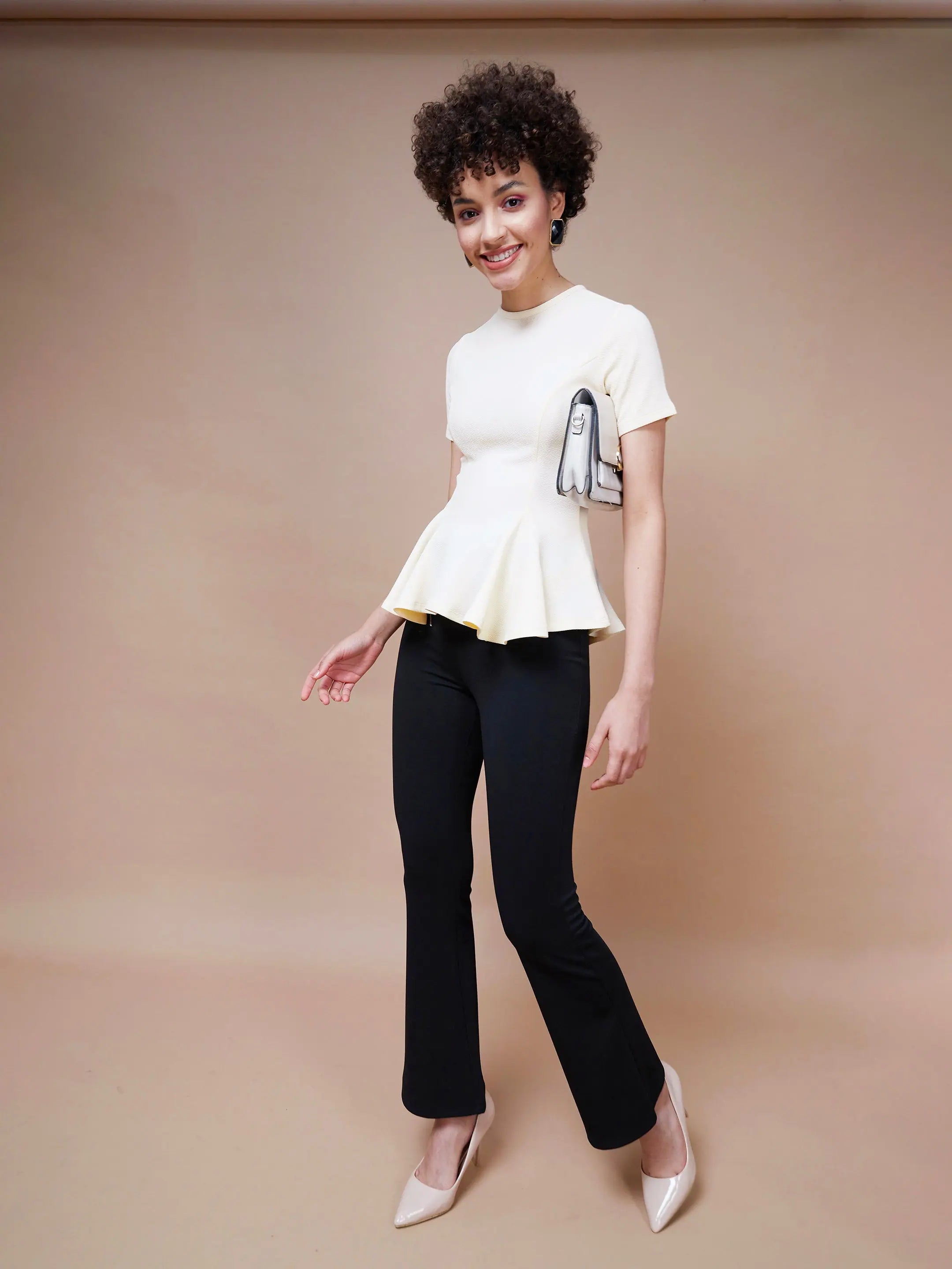 Cream Peplum Top - Women's Fit & Flare Short Sleeve Top