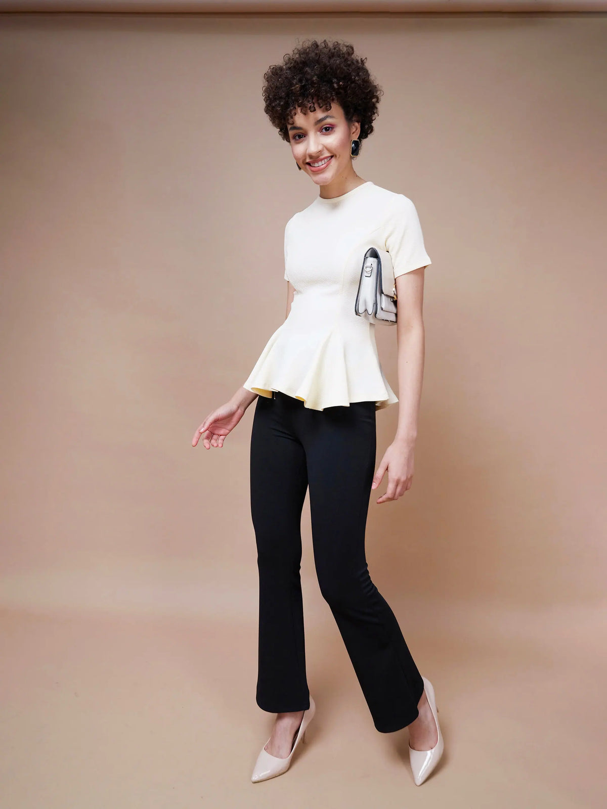Women Cream Short Sleeves Peplum Top