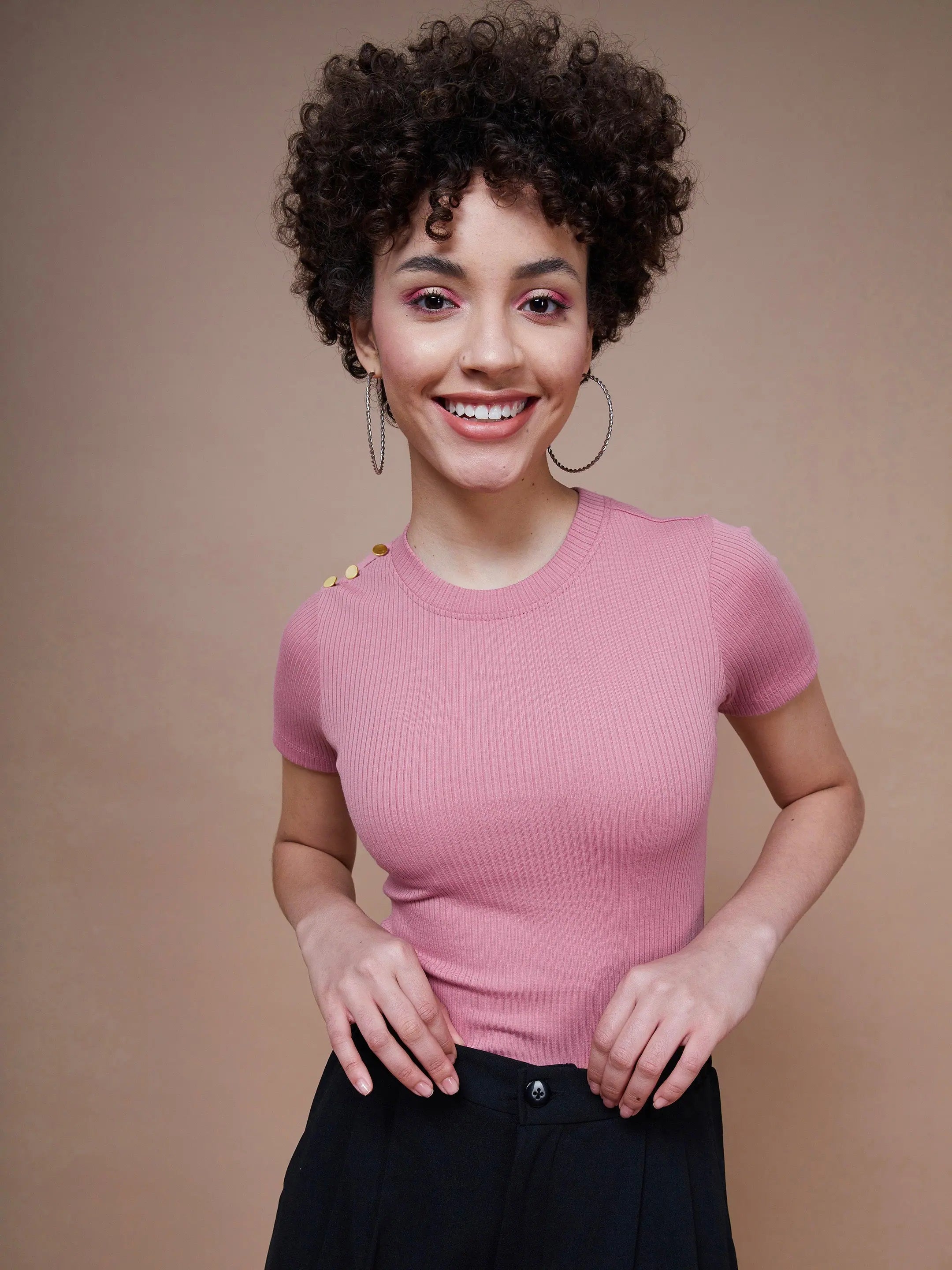Pink Ribbed Round Neck Top - Women's Casual Cotton with Buttons