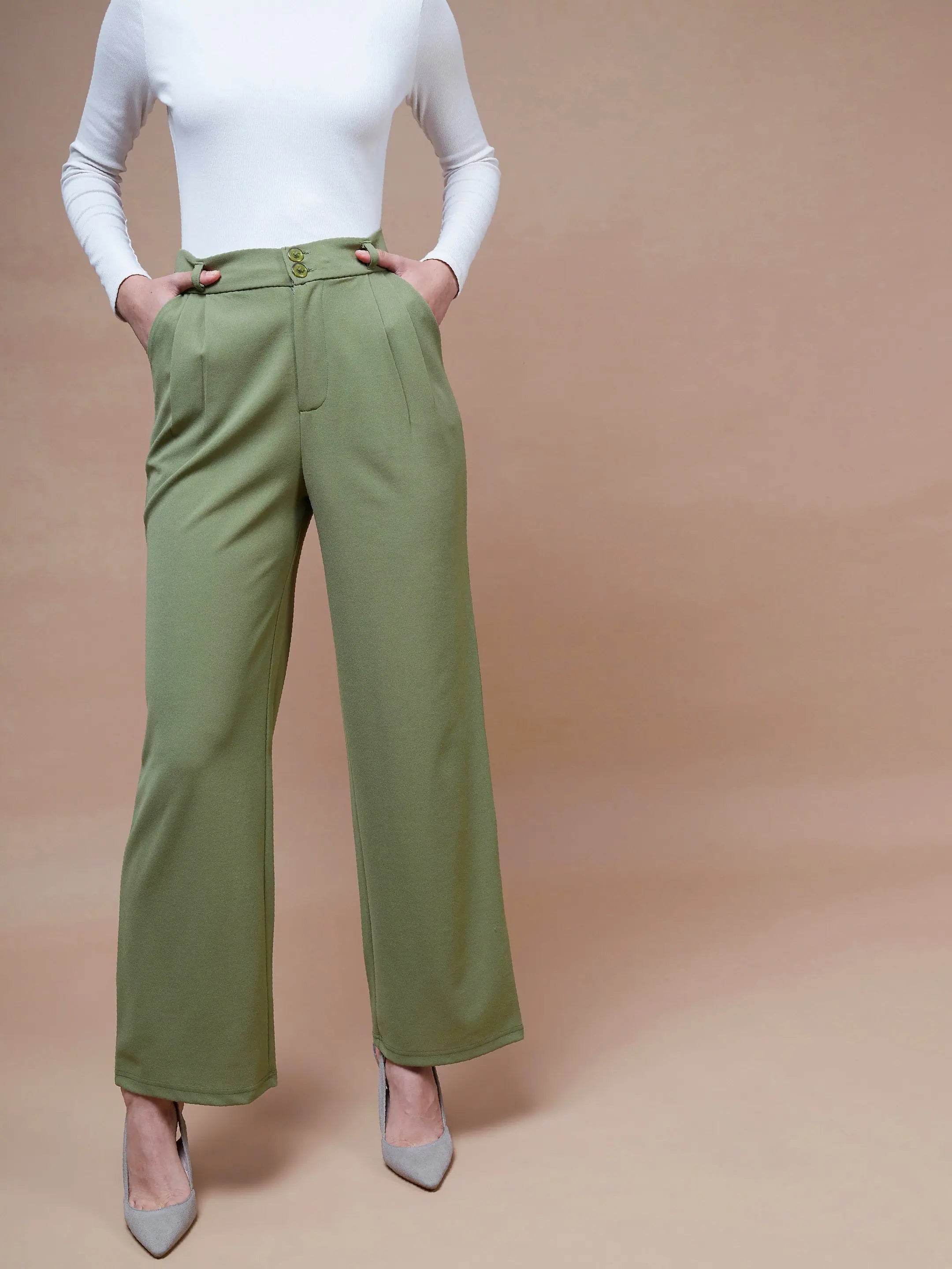 Olive Pleated Pants | Women's Straight Stretchable Trousers