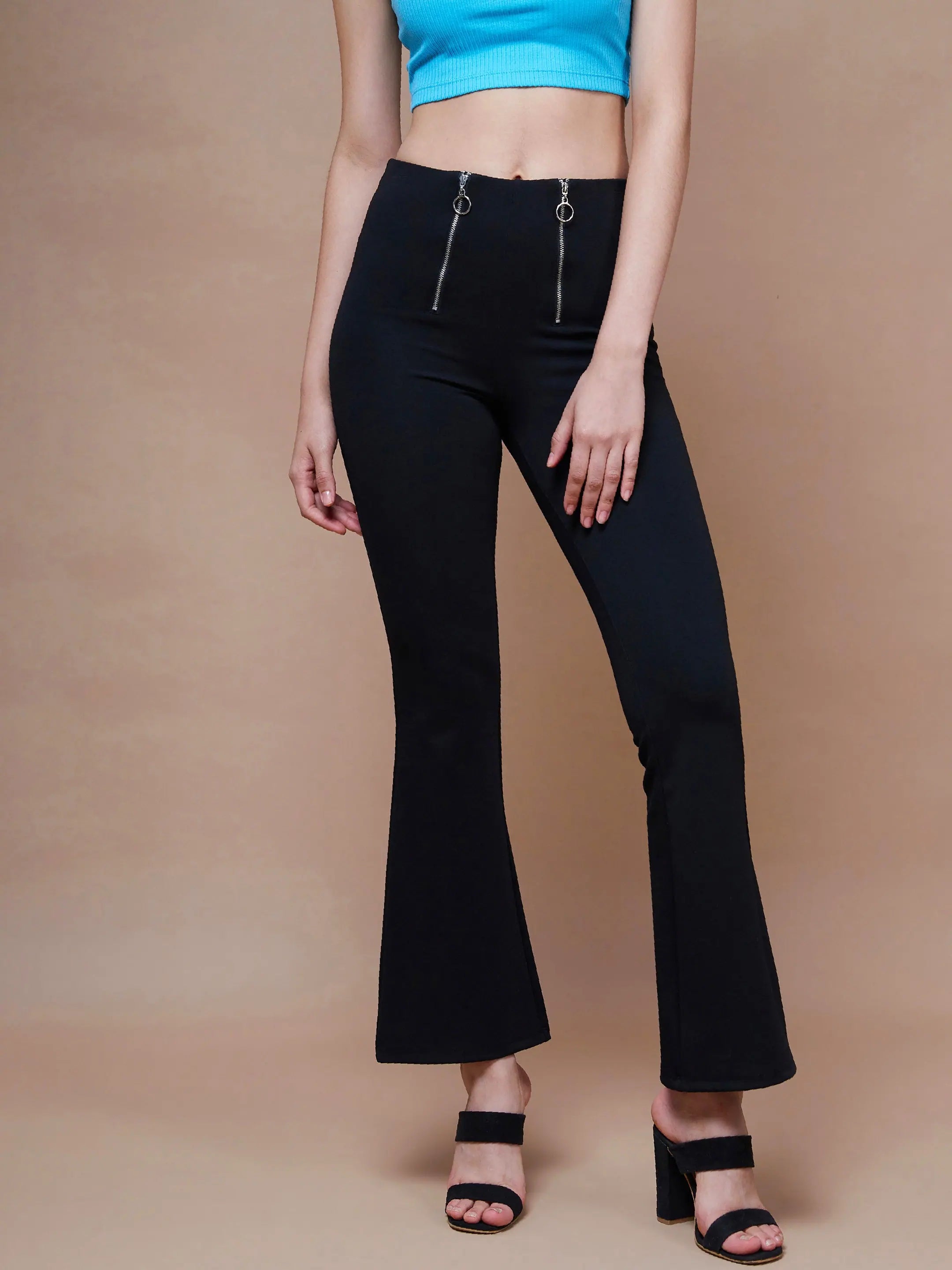 Women Black Front Zipper Bell Bottom Pants - Nylon Fabric
