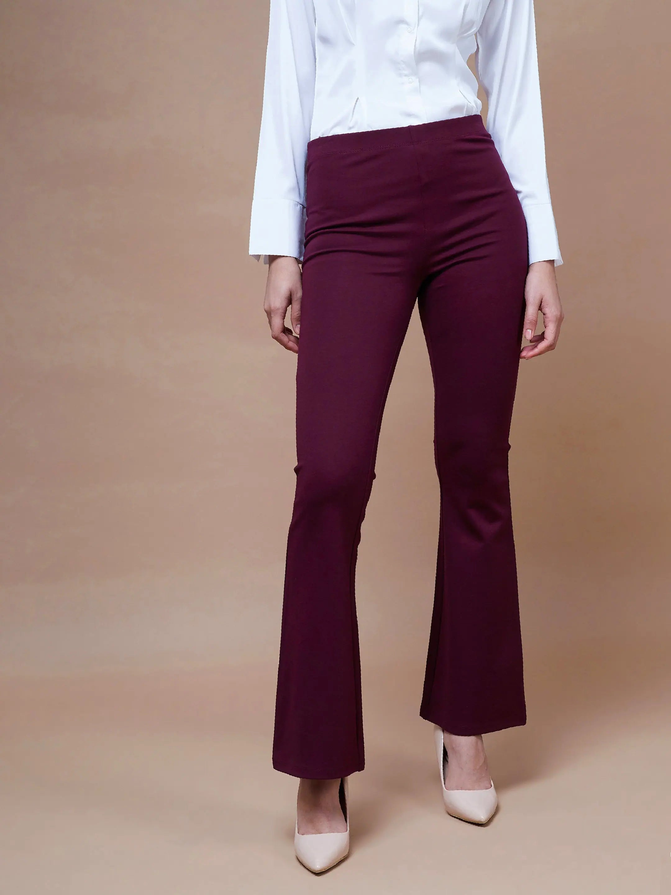 Women's Burgundy Bell Bottom 4-Way Stretch Pants Nylon Fabric