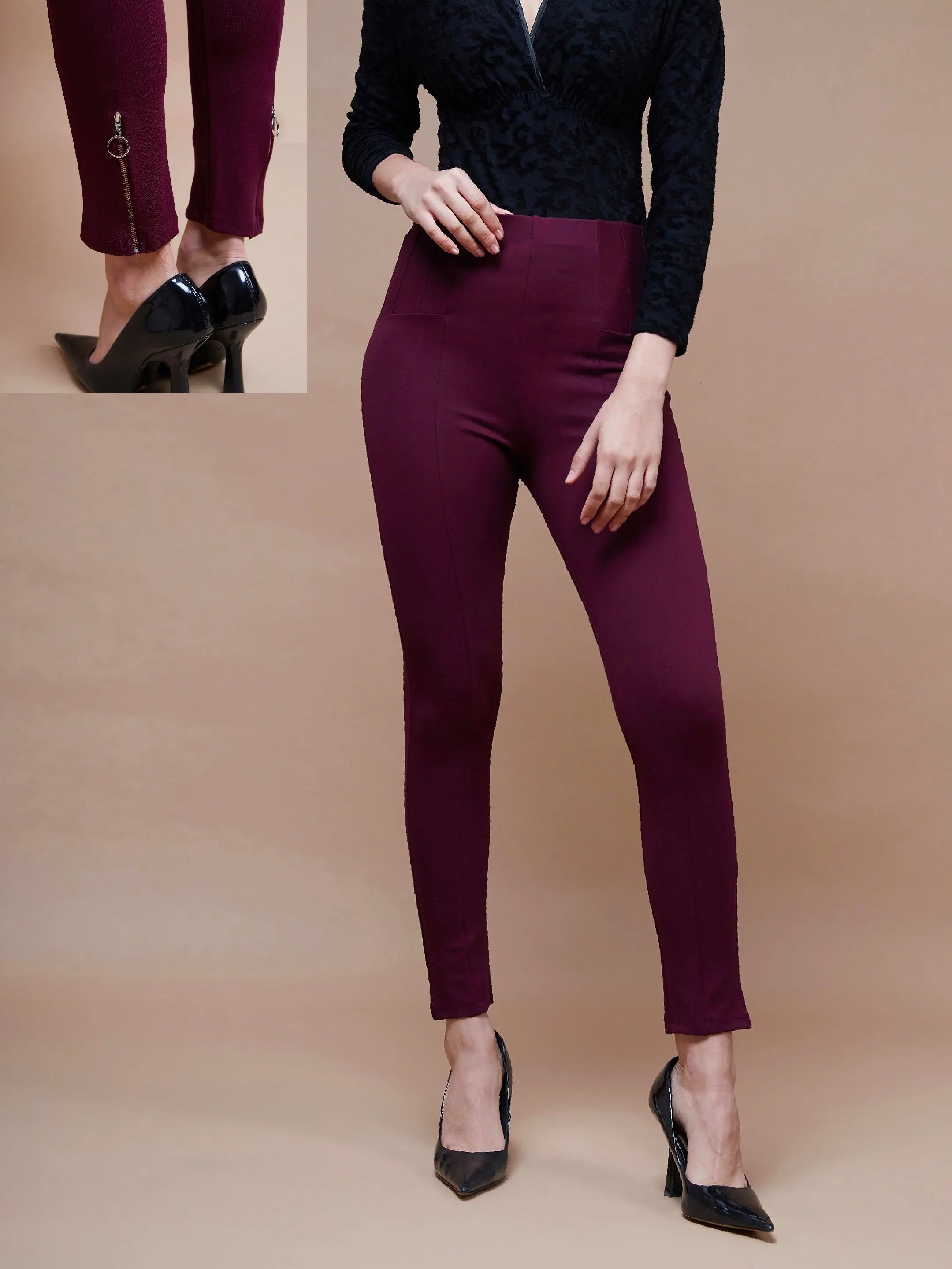 Burgundy Bottom Zipper Jeggings | Women's Leggings & Churidar
