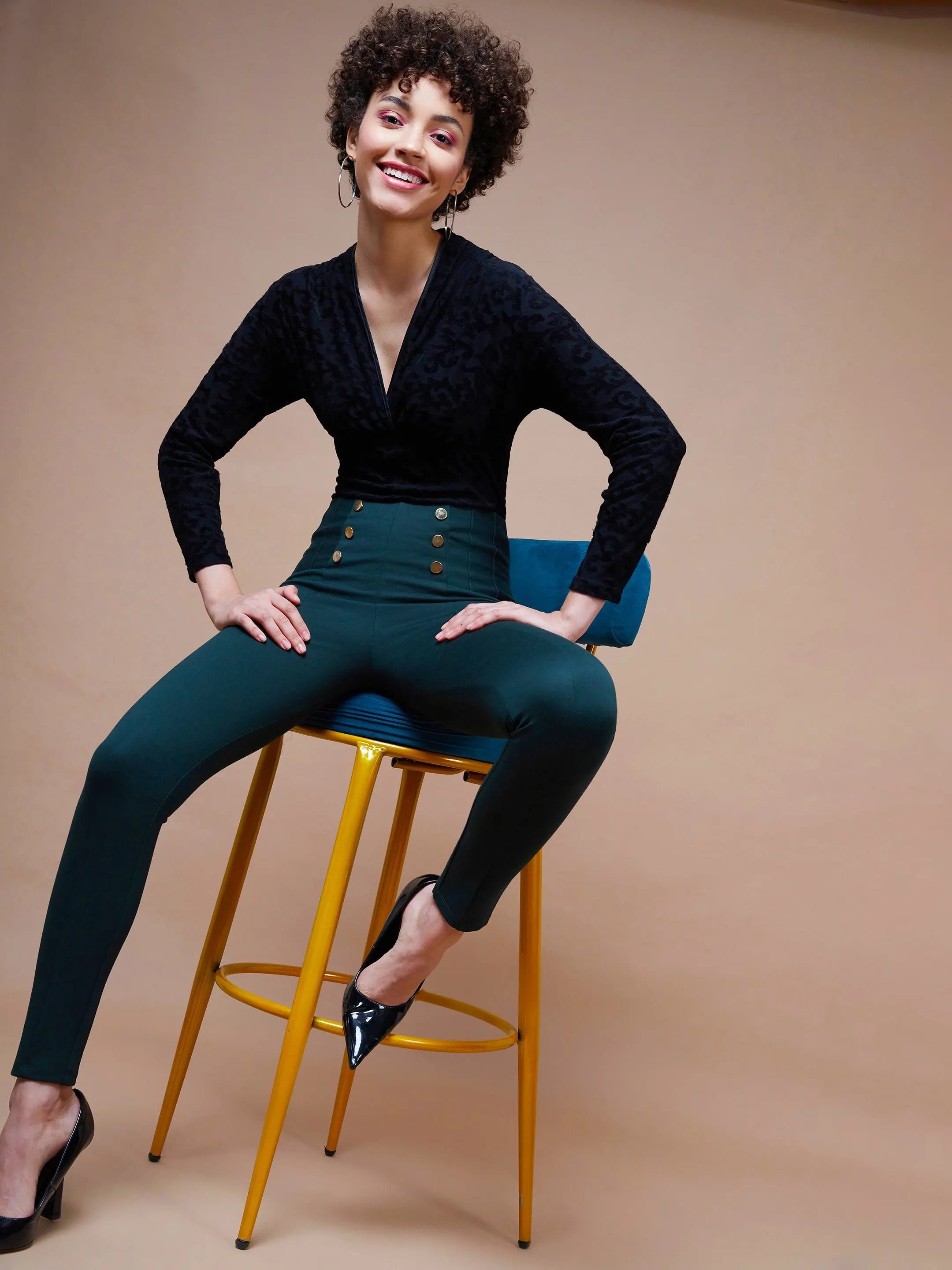 Emerald Green Show Button Jeggings | Women's High Waisted Legg...