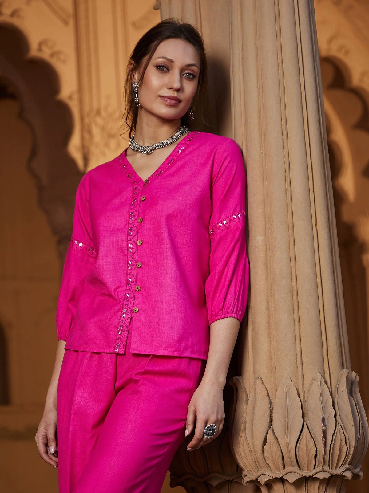 Women Fuchsia Scalloped Embroidered Top