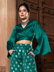 Women Teal Satin Wrap Crop Top