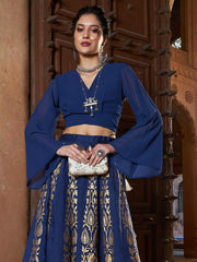 Women Navy Wrap Tie Knot Crop Top
