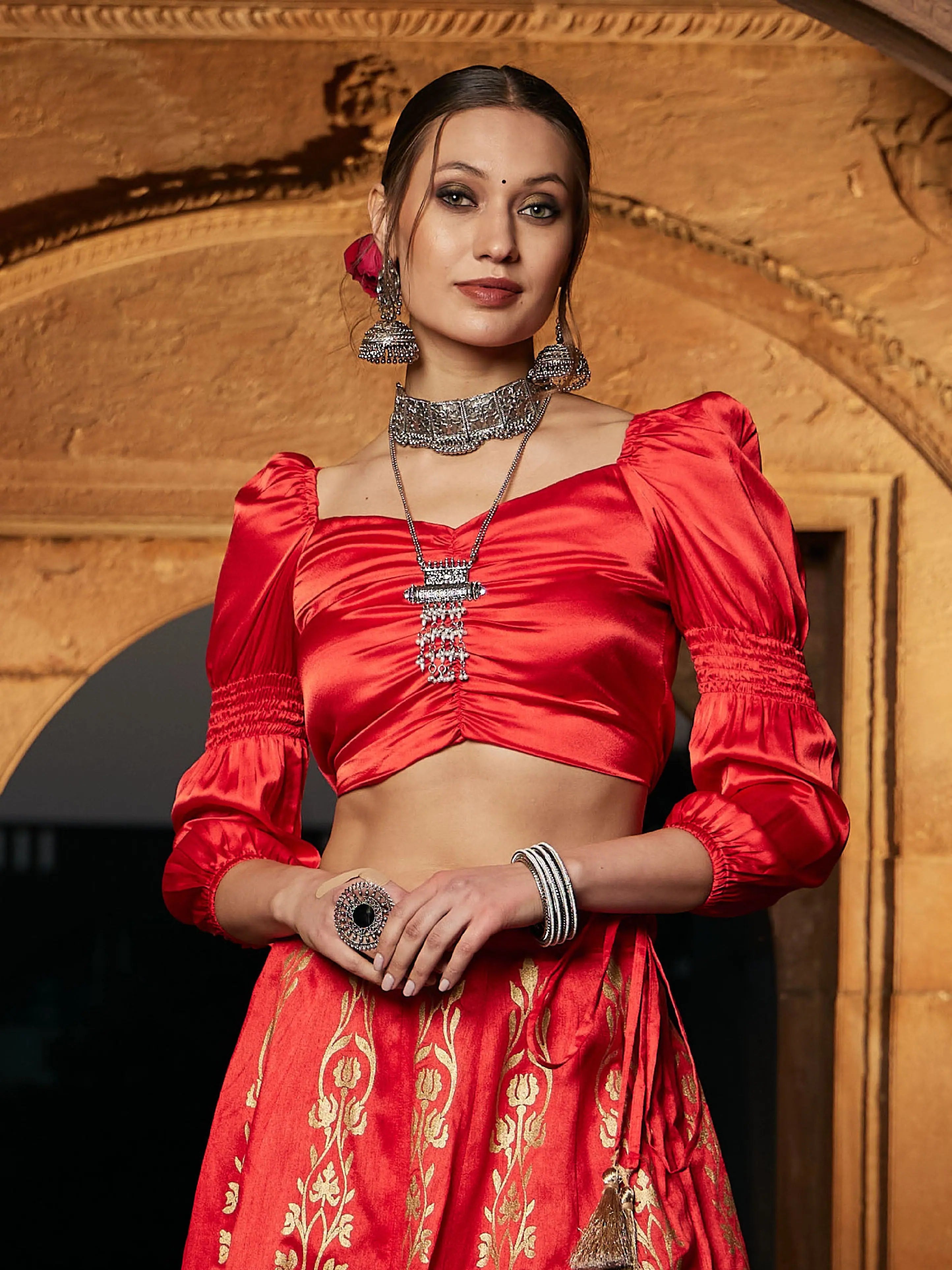 Orange Satin Puff Sleeve Crop Top | Lehenga for Women Online
