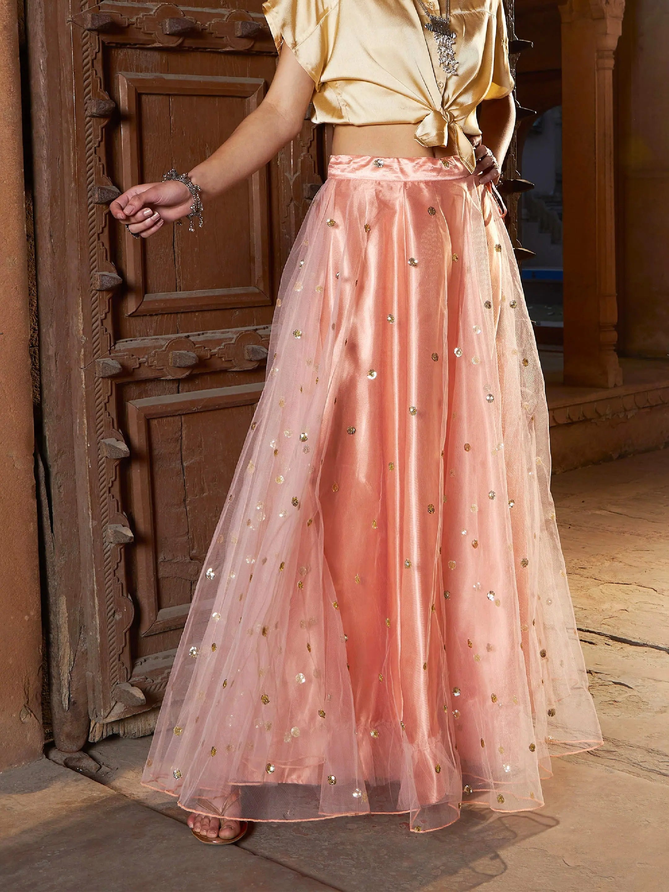 Peach Tulle Sequin Anarkali Skirt - Women's Western Wear