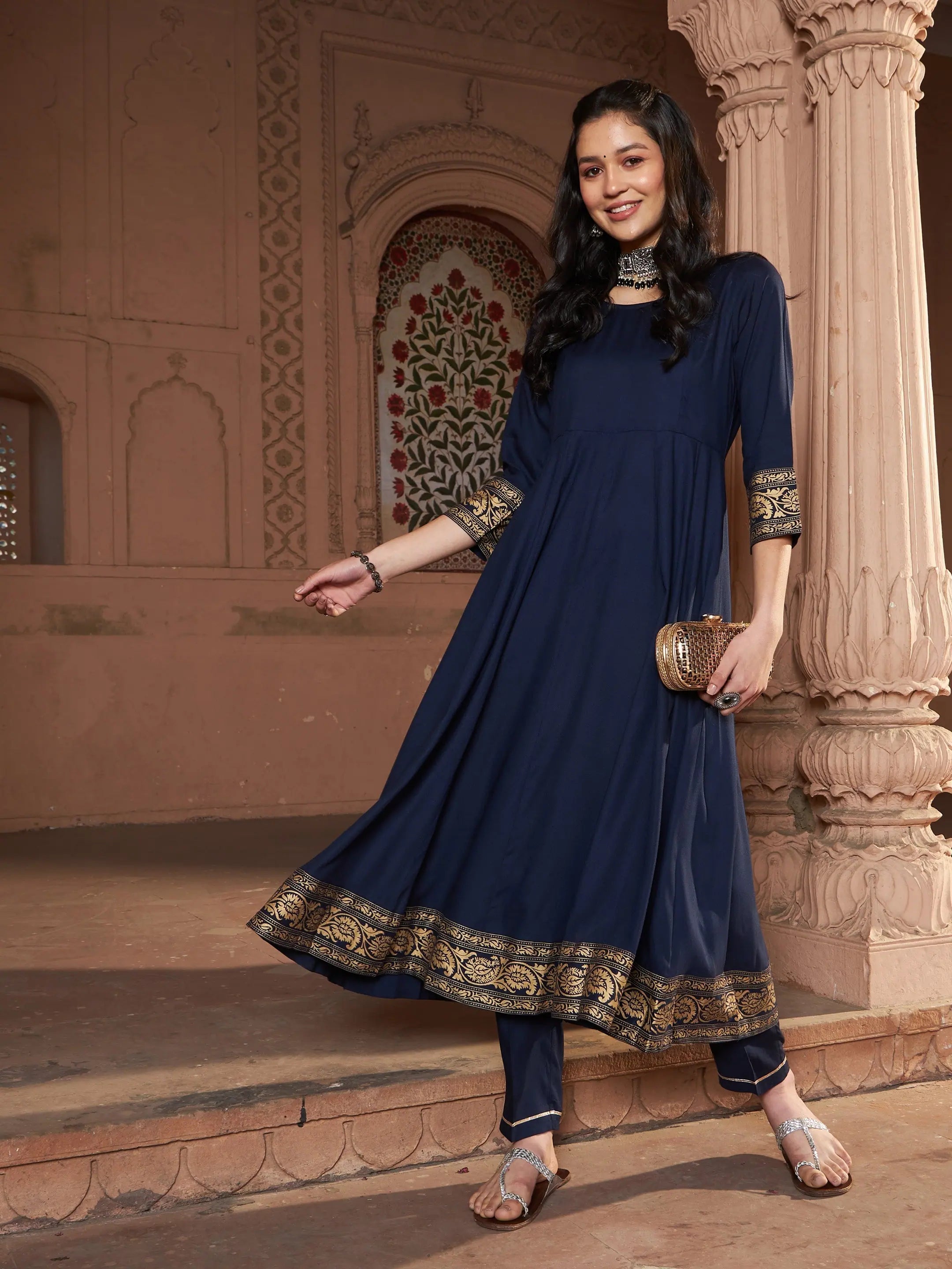 Navy Floral Foil Border Anarkali Kurta Set | Anarkali Gown