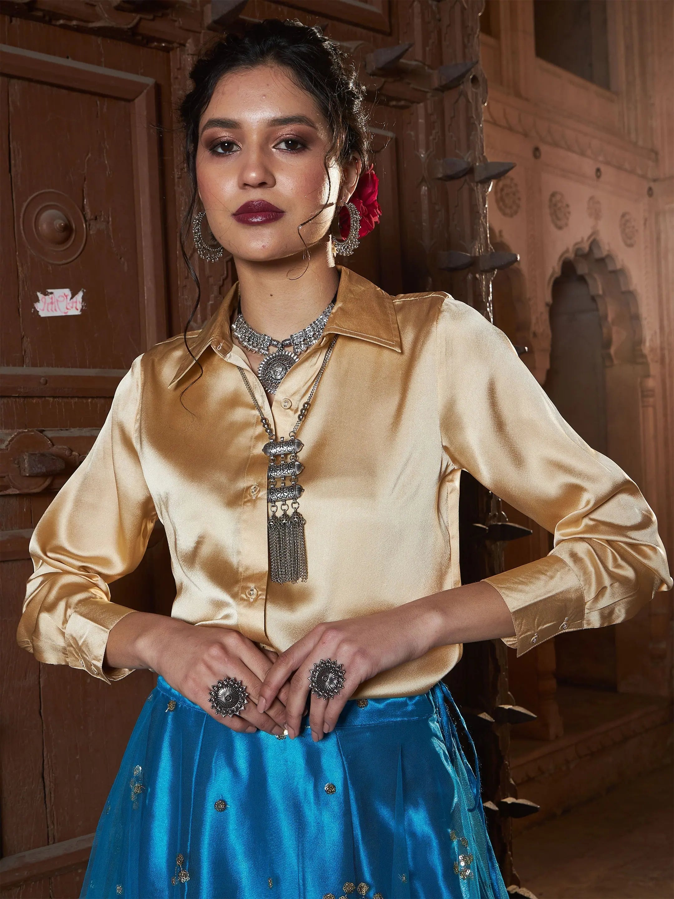 Gold Satin Shirt for Women - Regular Fit with Cuff Detail