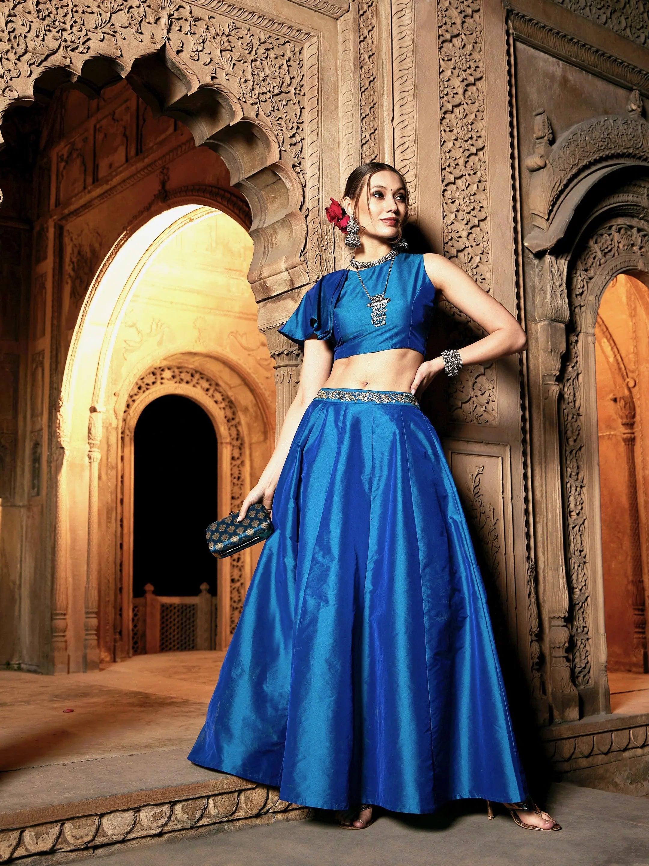 Teal Ruffle Crop Top With Skirt - Women's Festive Lehenga