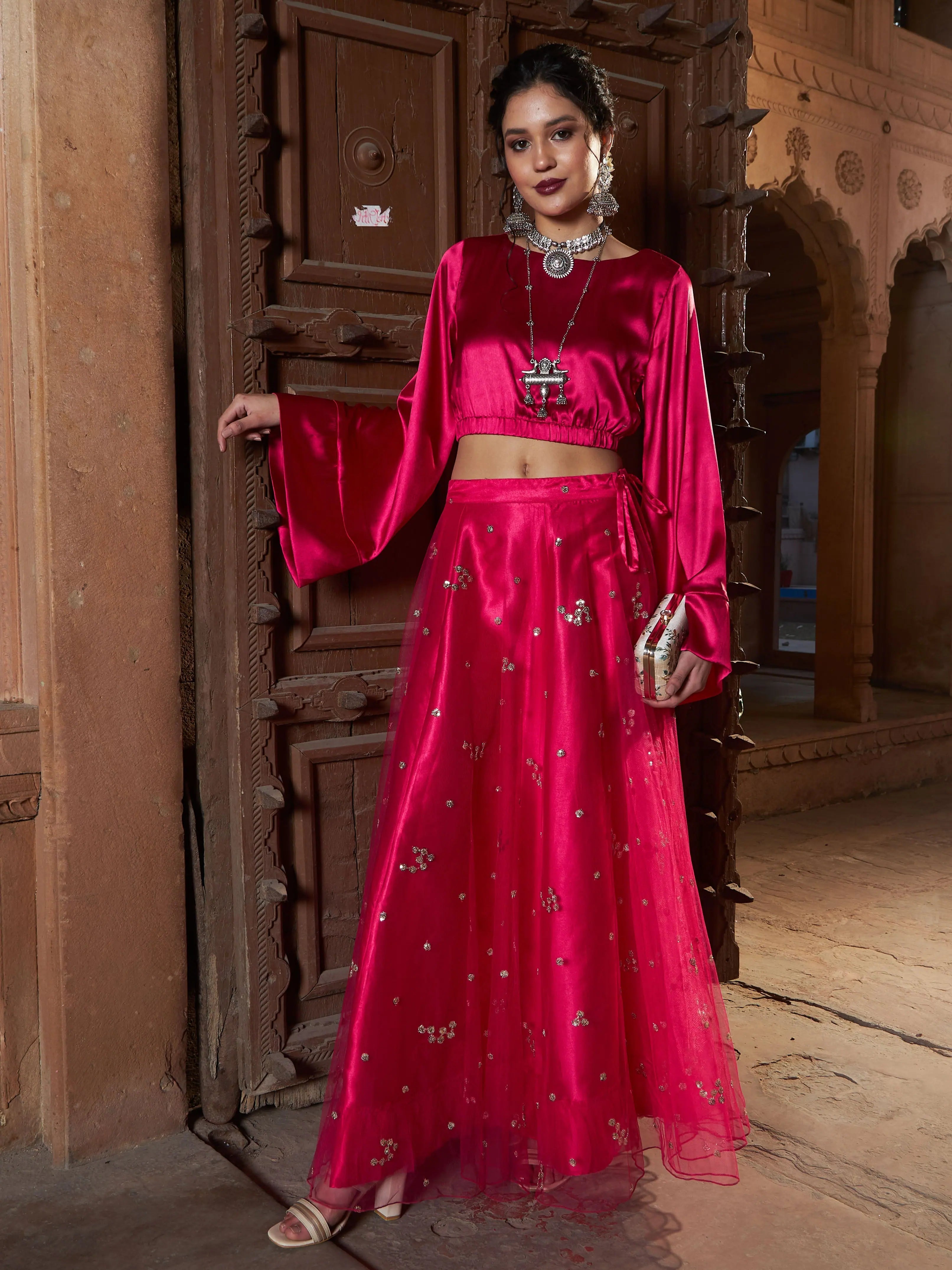 Fuchsia Top & Sequin Skirt - Women's Party Wear Lehenga Choli