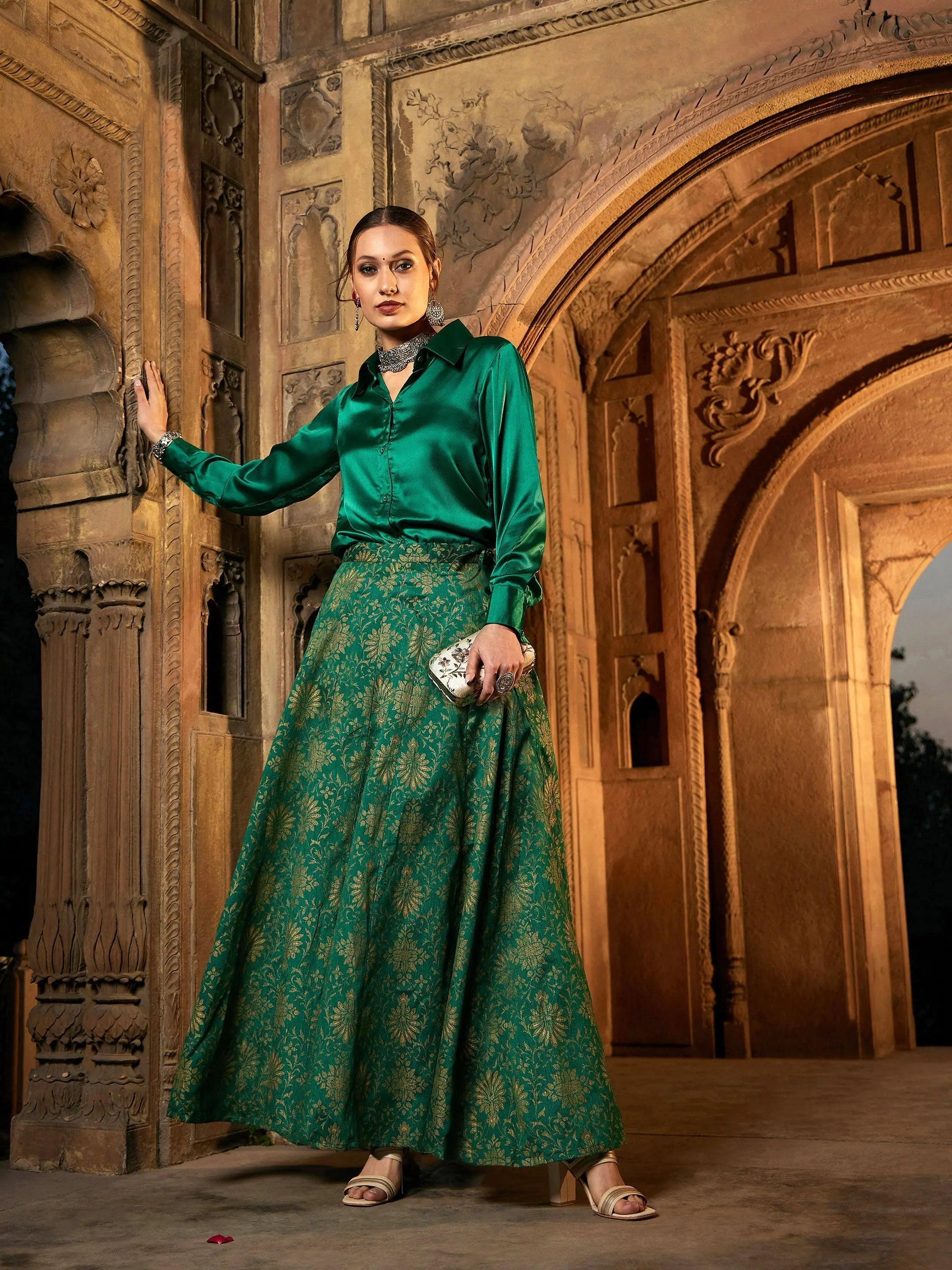 Green Satin Shirt & Brocade Skirt - Women's Ethnic Lehenga Choli
