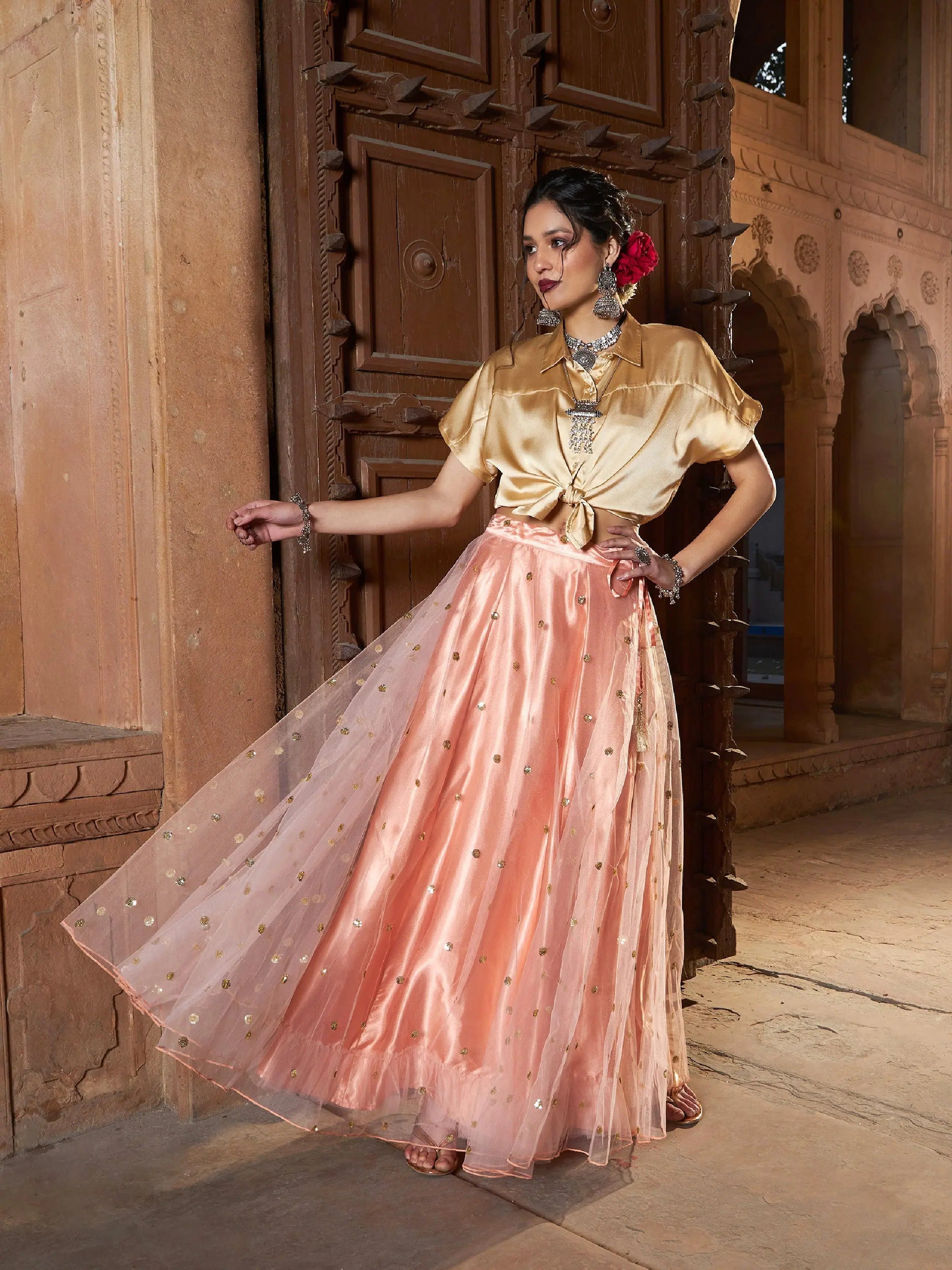 Gold & Peach Lehenga Choli: Sequin Skirt & Satin Crop Top