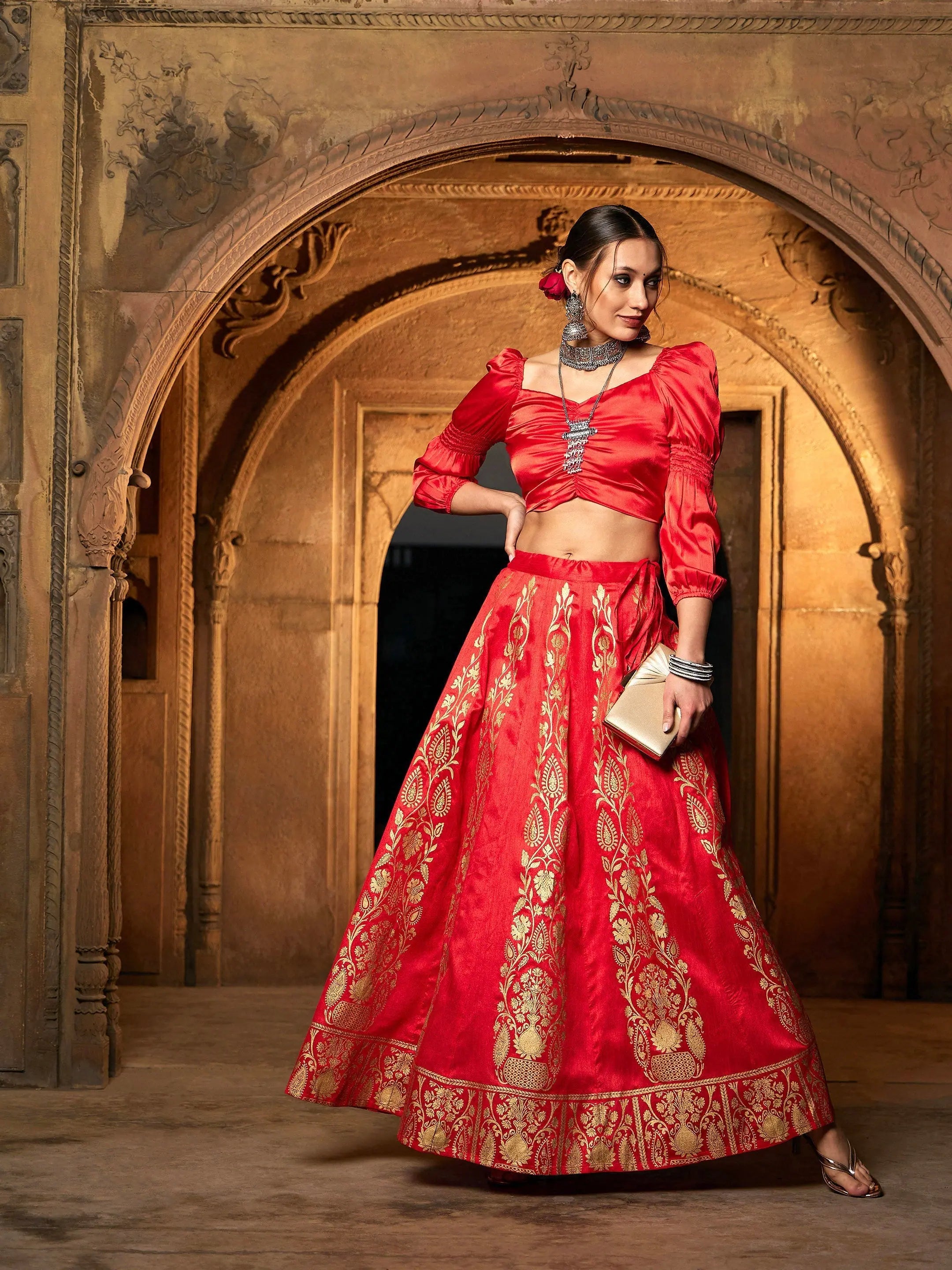 Orange Satin Lehenga Choli: Women's Foil Print Crop Top & Skirt