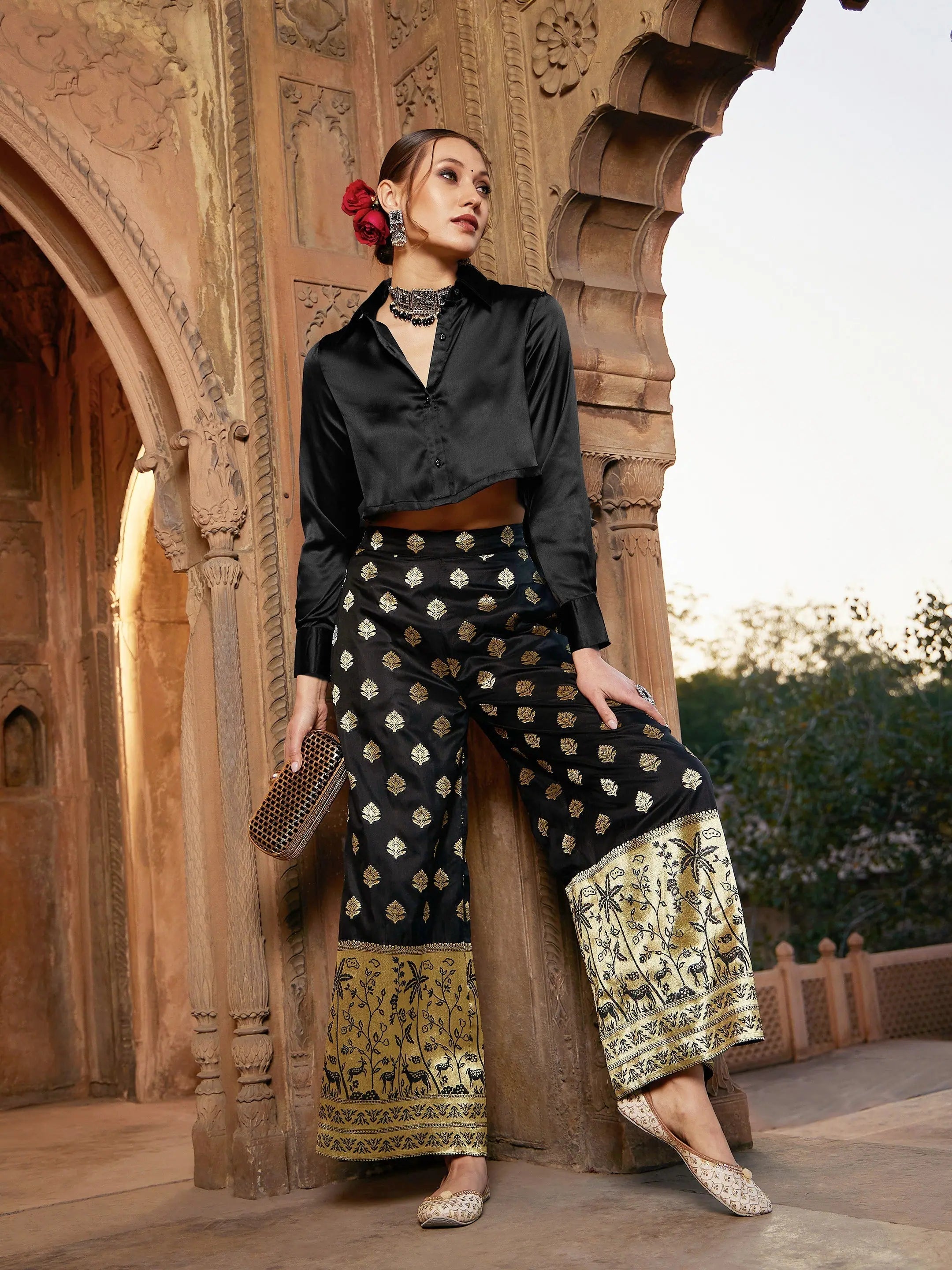 Black Satin Shirt & Brocade Palazzo Set | Women's Jumpsuits