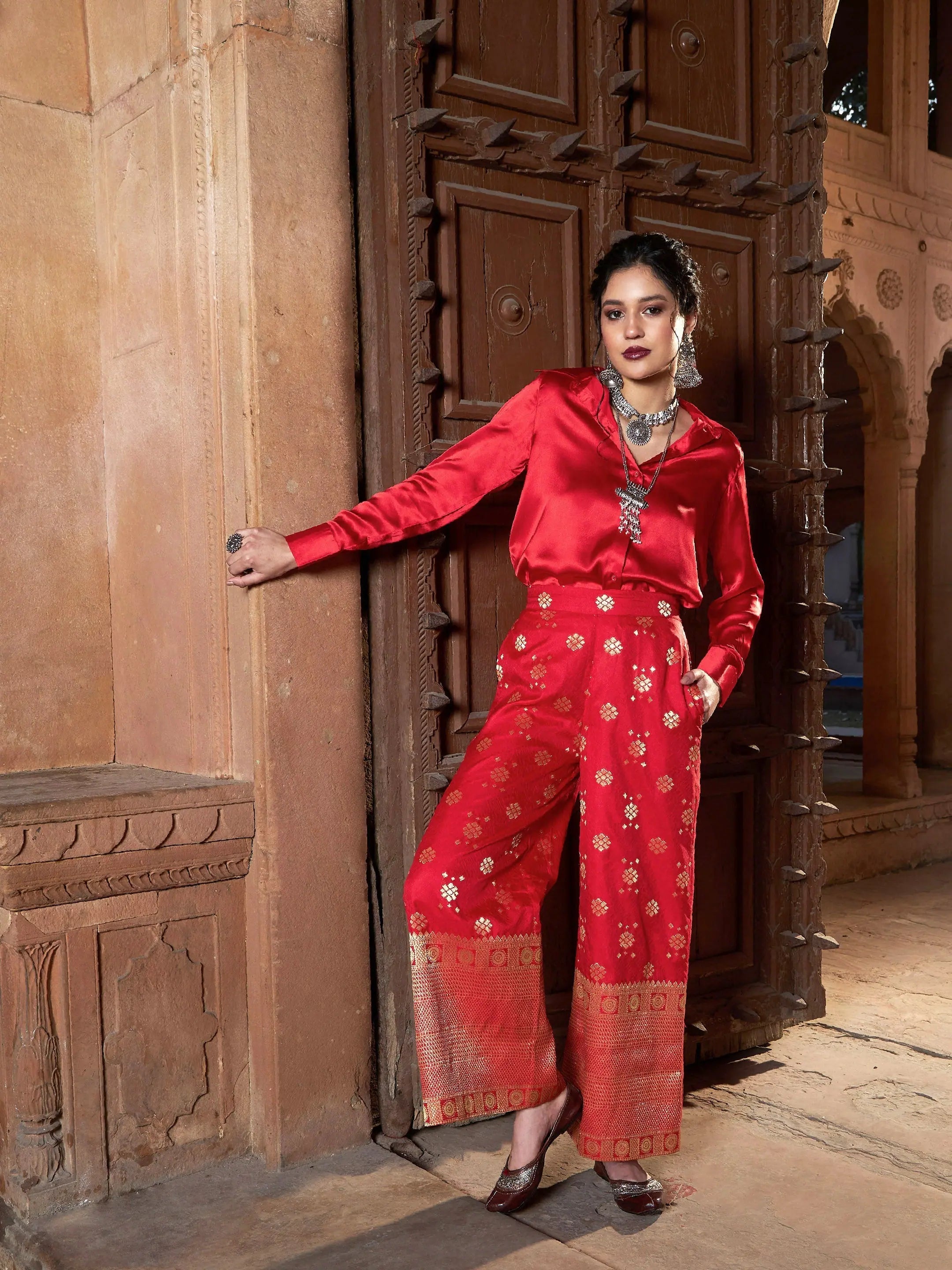 Red Satin Shirt & Brocade Palazzo Set | Women's Jumpsuits
