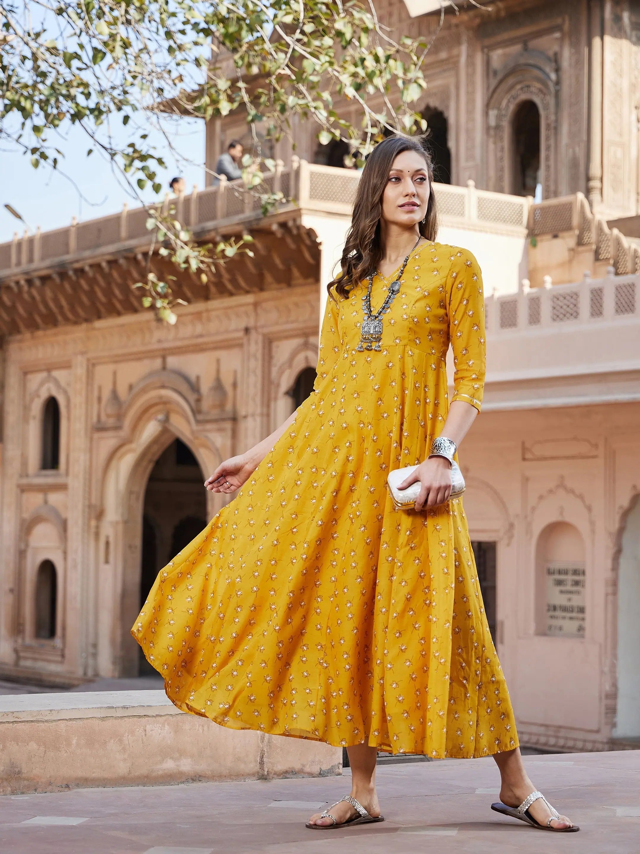 Yellow Floral Anarkali Kurta | Long Anarkali Dress for Women