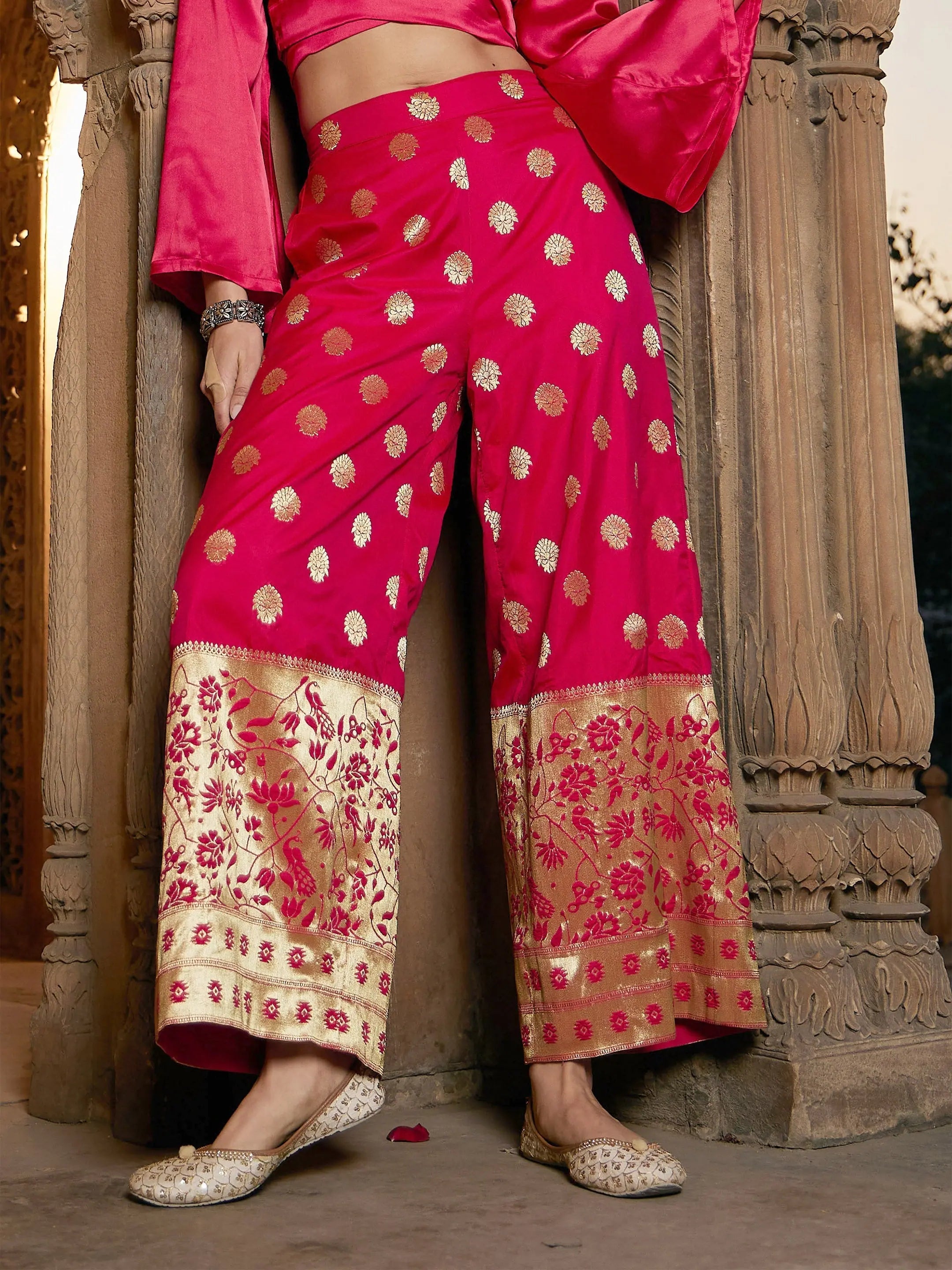 Fuchsia Brocade Jacquard Palazzos - Women's Palazzo Pants