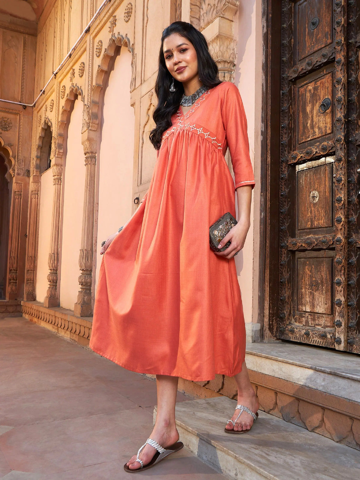 Women Rust Embroidered Slant Empire Seam Kurta