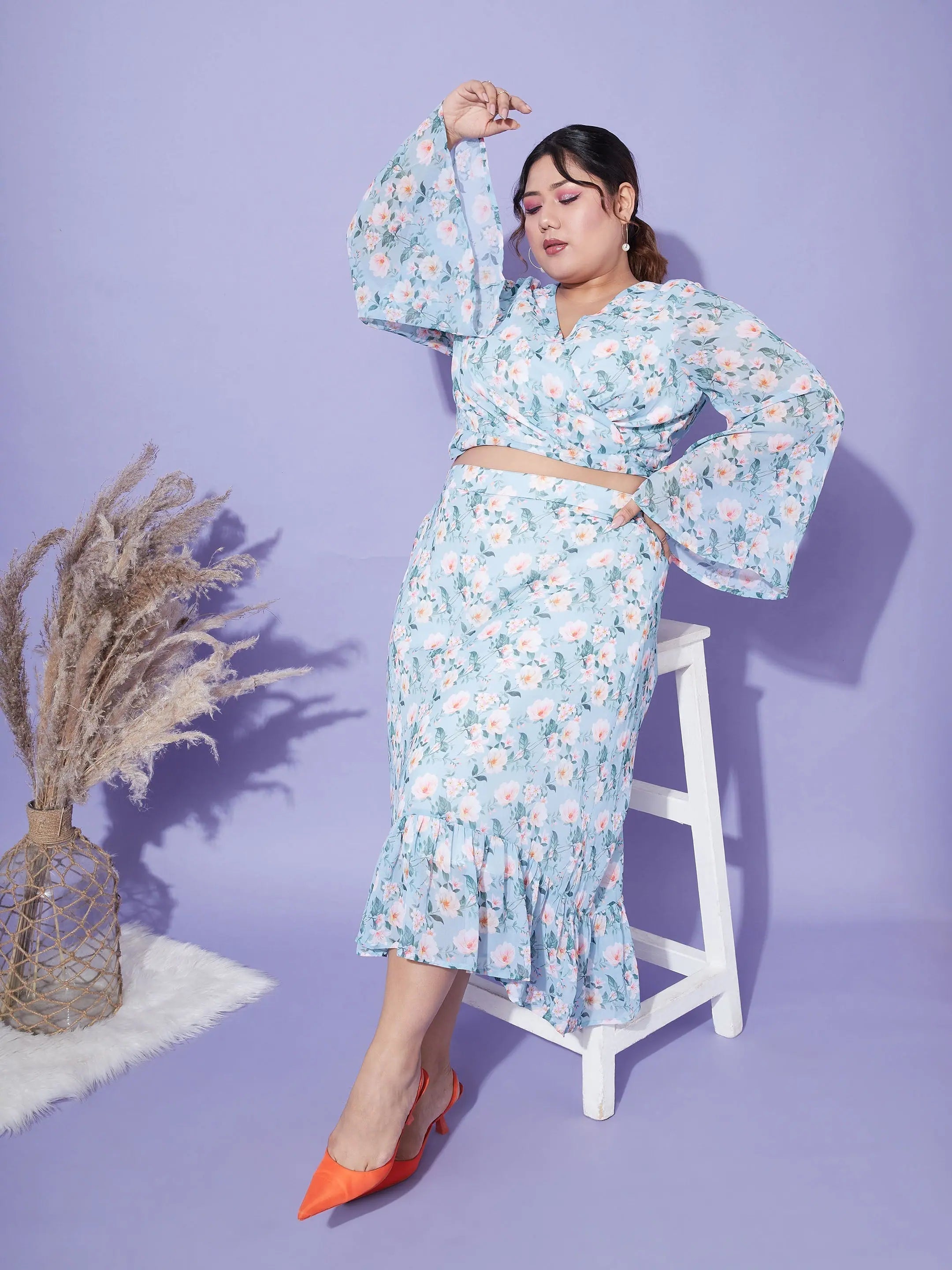 Turquoise Printed Jumpsuit Set - Women's Lehenga Choli Style