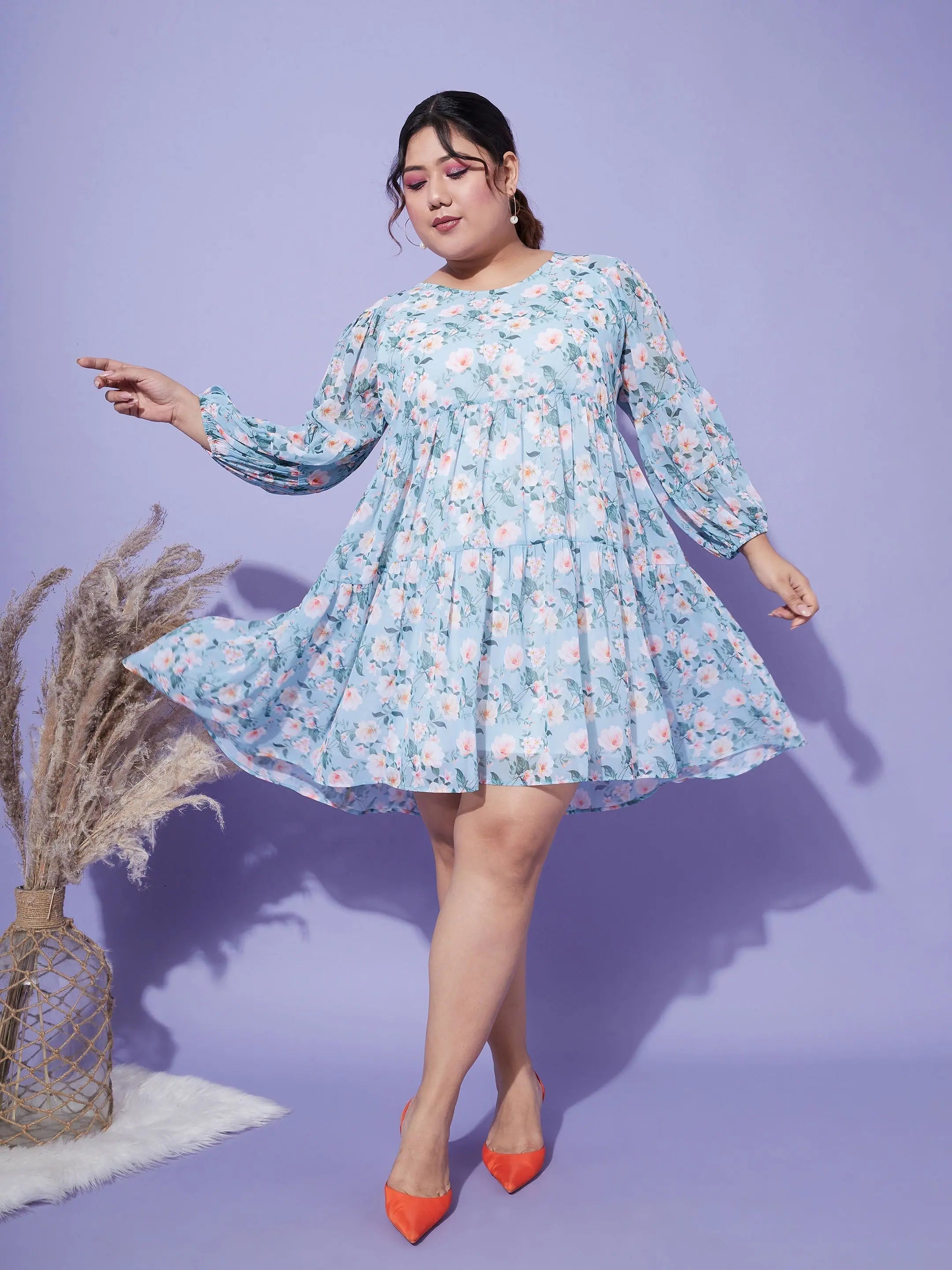 Turquoise Floral Tiered Dress | Women's Printed Mini Dress