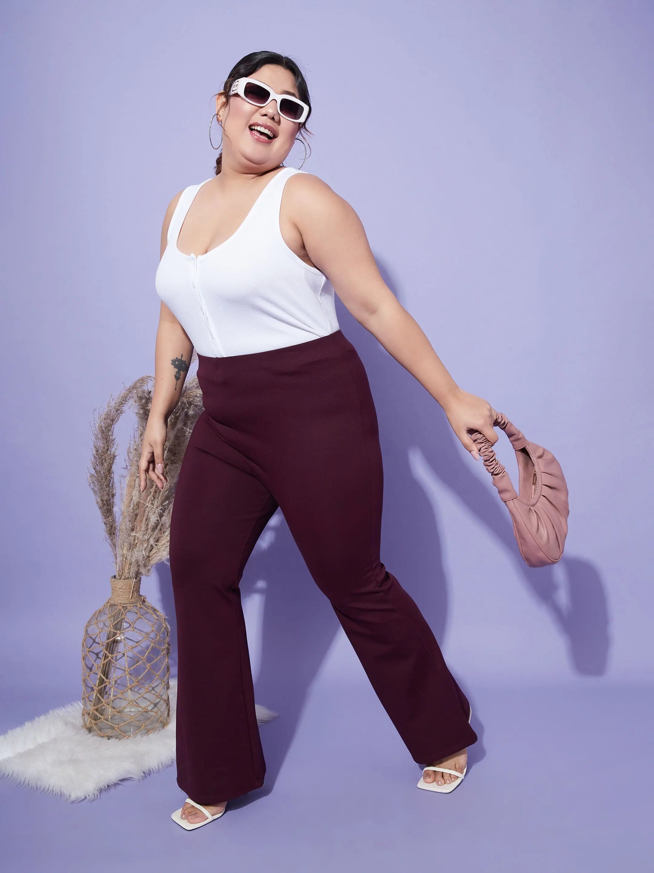 Burgundy Bell Bottom Trousers | 4-Way Stretch - Women's Pants